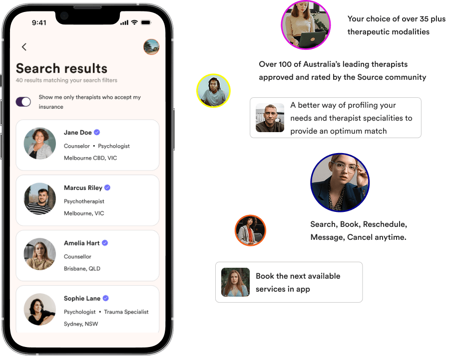 Source app showing therapist search results and booking features