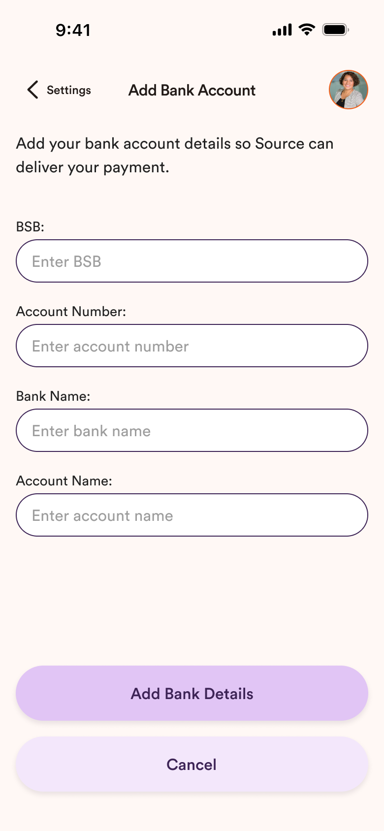Payment details screen