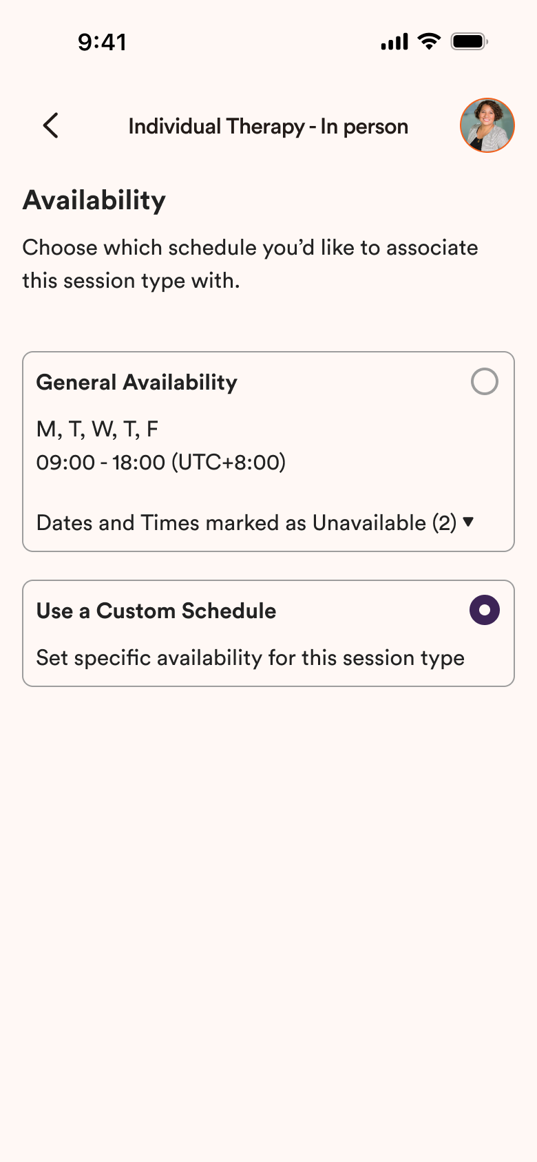 Availability per Session Type