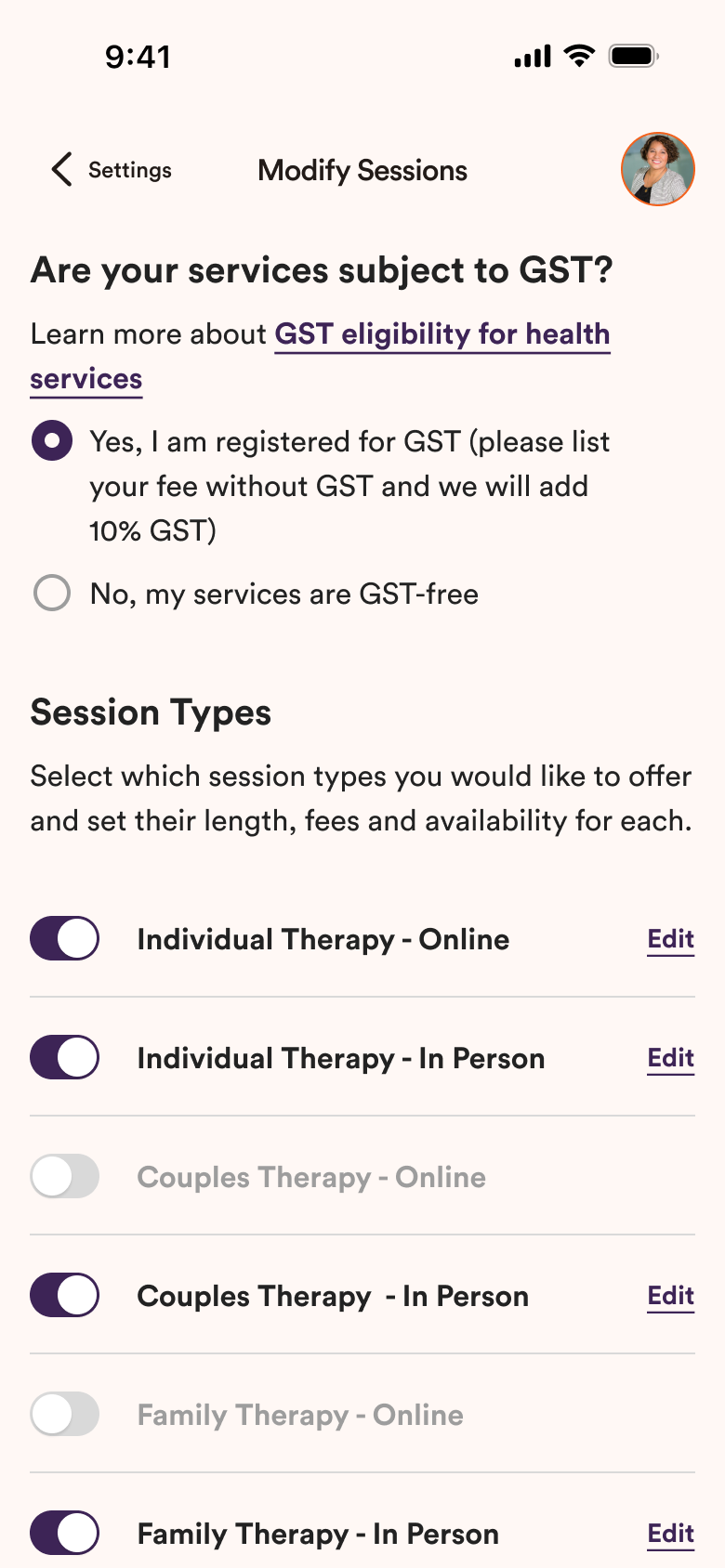 Select your Session Types